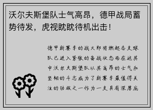 沃尔夫斯堡队士气高昂，德甲战局蓄势待发，虎视眈眈待机出击！
