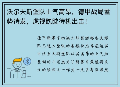 沃尔夫斯堡队士气高昂，德甲战局蓄势待发，虎视眈眈待机出击！